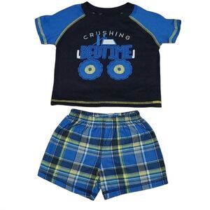 Carter's Baby 12M Monster Truck PJs Pajama Short Set Crushing Bedtime Blue Plaid
